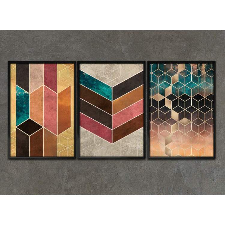 Kit 3 Quadros Decorativos Geomtrico Cubos Coloridos