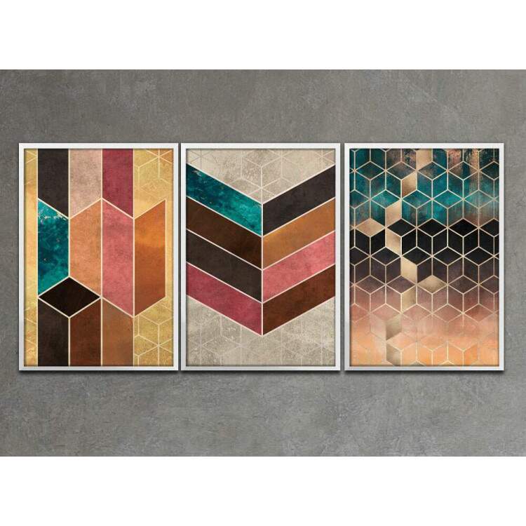 Kit 3 Quadros Decorativos Geomtrico Cubos Coloridos