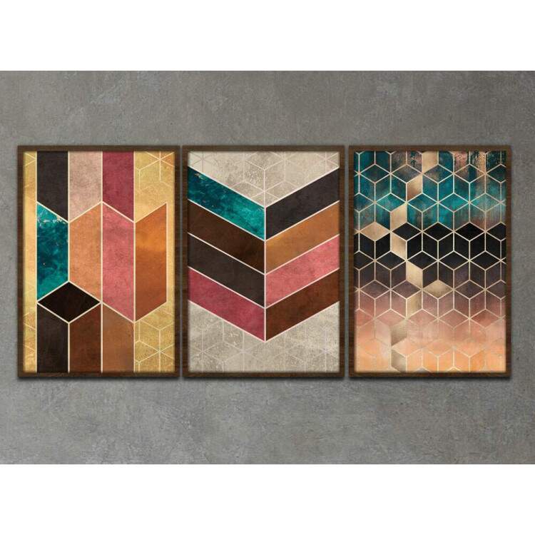 Kit 3 Quadros Decorativos Geomtrico Cubos Coloridos