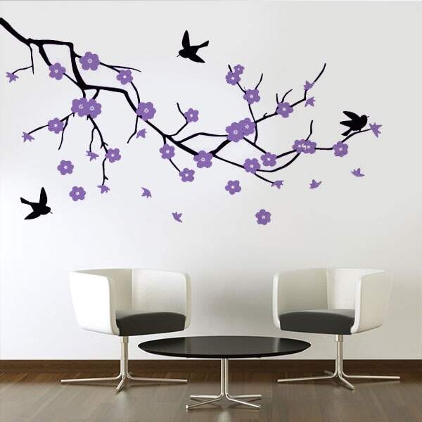 Adesivo de Parede Floral Galho, Folhas e P�ssaros