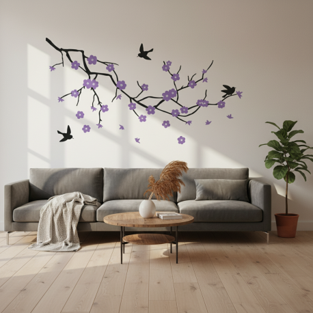 Adesivo de Parede Floral Galho, Folhas e Pssaros