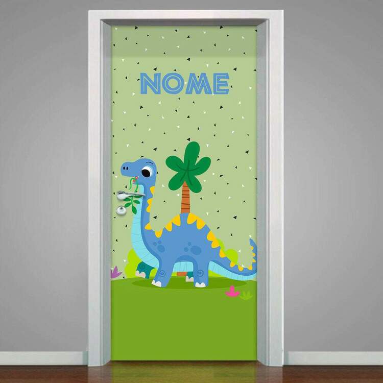 Adesivo Para Porta Dinossauro Azul Baby Desenho Com Nome