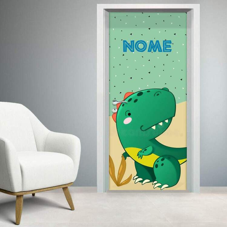 Adesivo Para Porta Dinossauro Com Nome Fundo Bege E Verde