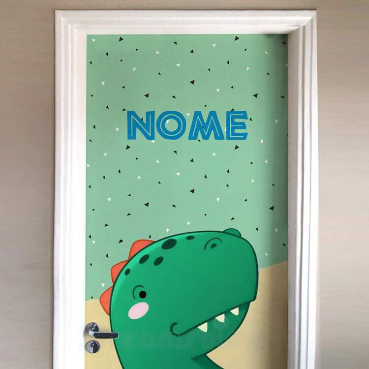 Adesivo Para Porta Dinossauro Com Nome Fundo Bege E Verde