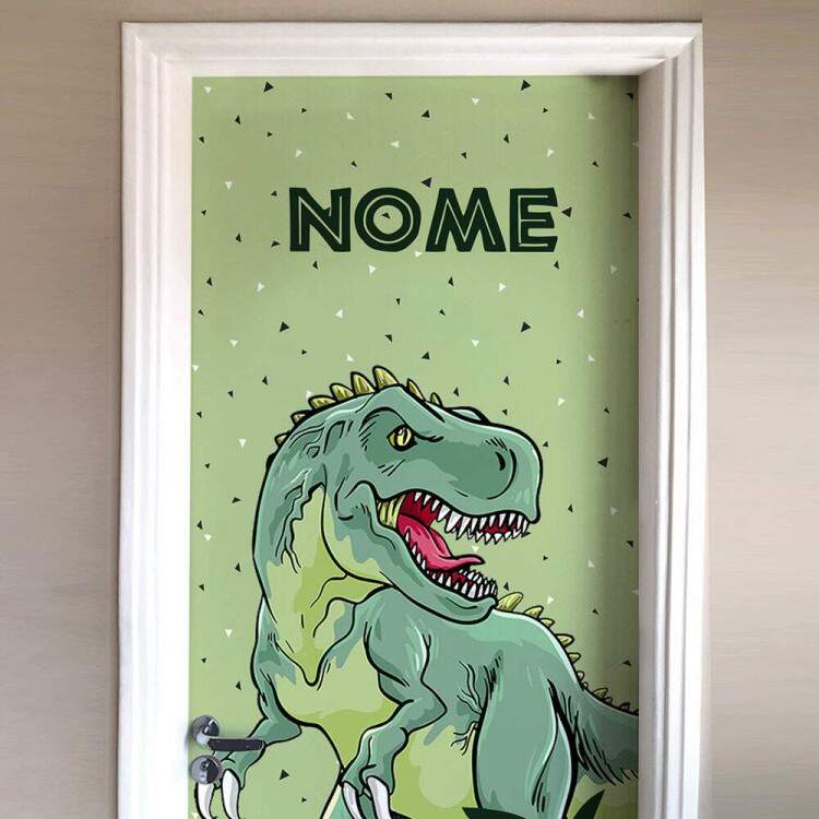 Adesivo Para Porta Dinossauro Rex Desenho Fundo Verde Com Nome