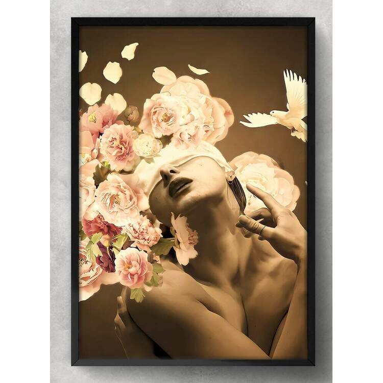 Quadro Decorativo Abstrato Mulher com Flores no Rosto