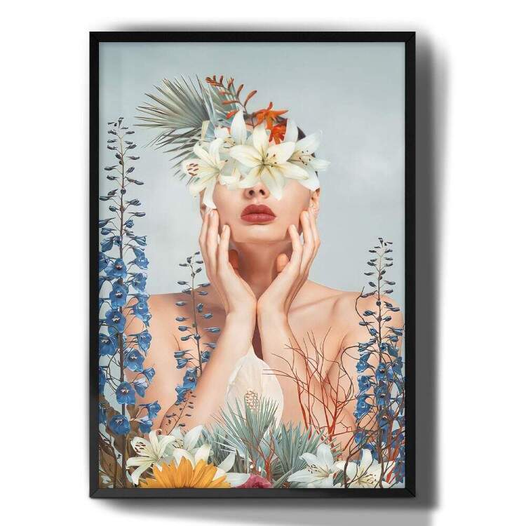 Quadro Decorativo Abstrato Azul Mulher com Flores