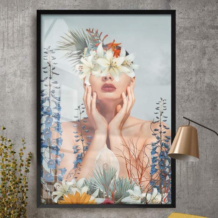 Quadro Decorativo Abstrato Azul Mulher com Flores