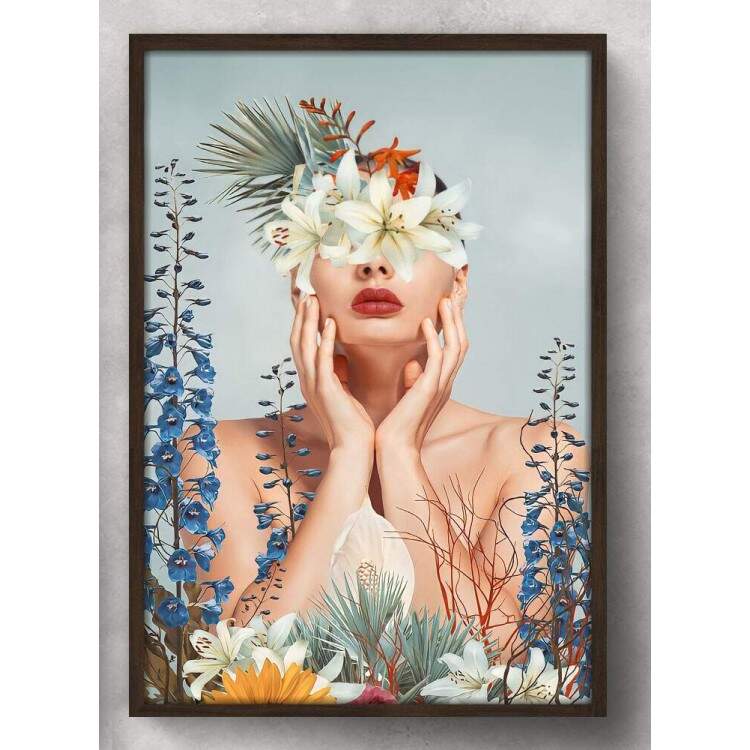 Quadro Decorativo Abstrato Azul Mulher com Flores