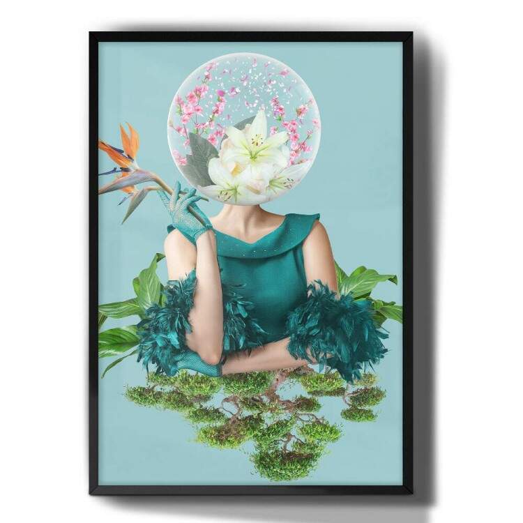 Quadro Decorativo Abstrato Azul Mulher e Flores