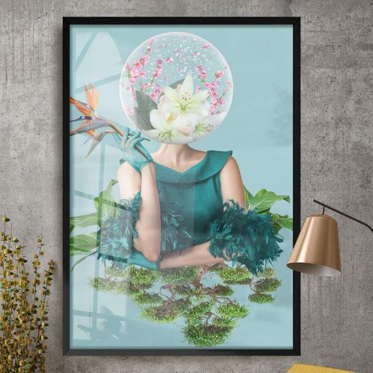 Quadro Decorativo Abstrato Azul Mulher e Flores