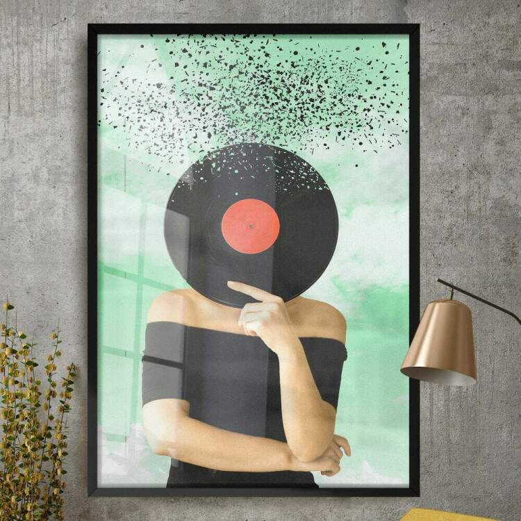 Quadro Decorativo Abstrato Mulher com Disco de Vinil