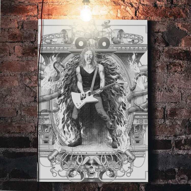 Quadro Decorativo Arte Banda Metallica Preto e Branco