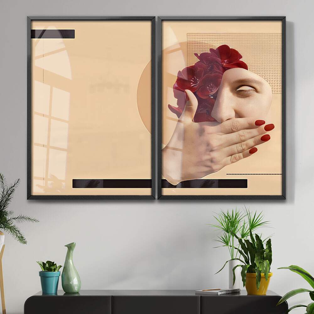 Kit 2 Quadros Decorativos Bege Mulher Minimalista 