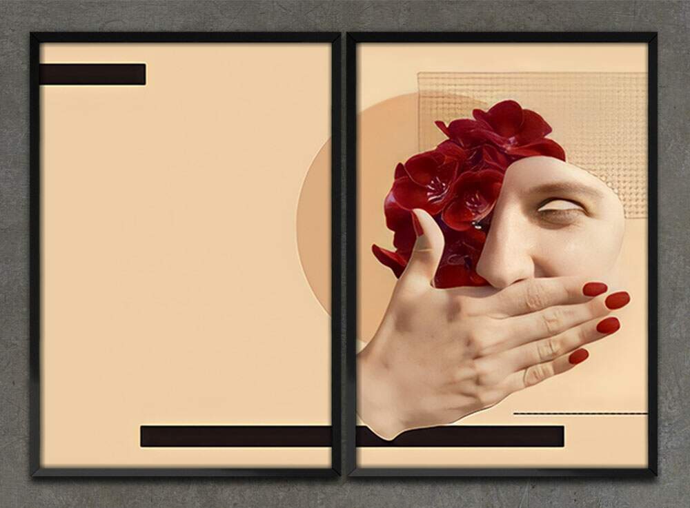 Kit 2 Quadros Decorativos Bege Mulher Minimalista 