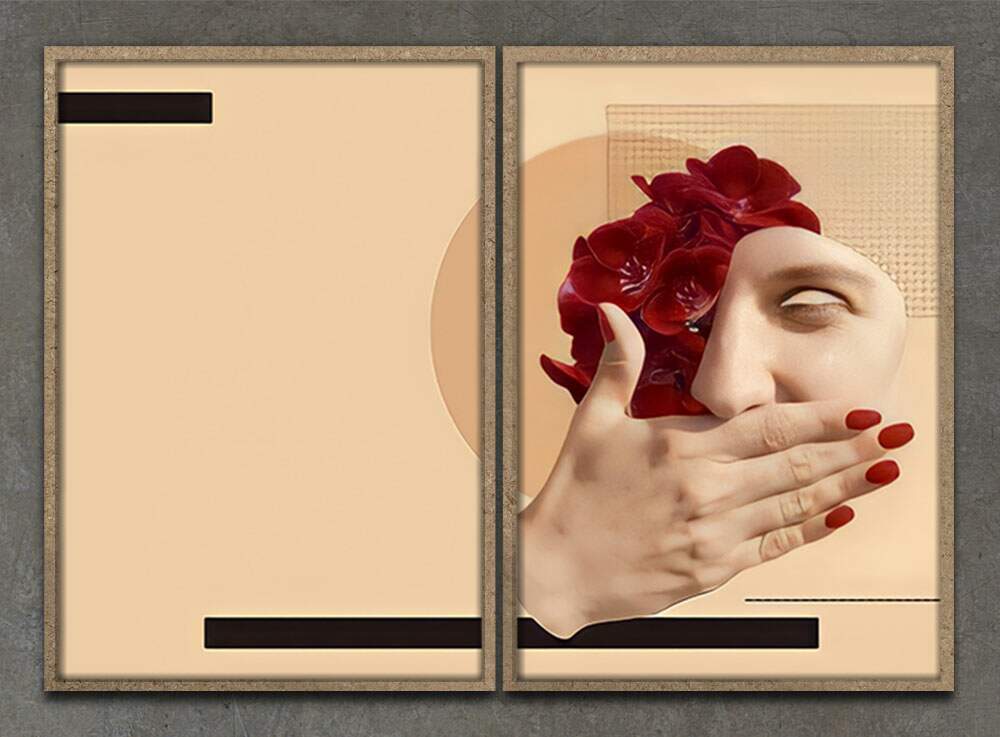 Kit 2 Quadros Decorativos Bege Mulher Minimalista 