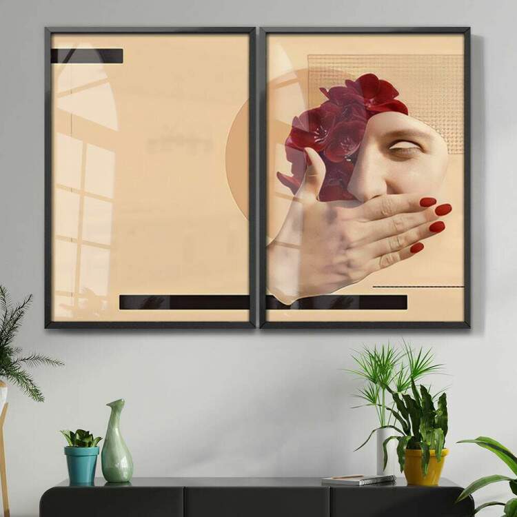 Kit 2 Quadros Decorativos Bege Mulher Minimalista