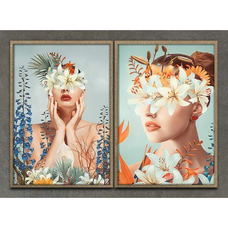 Kit 2 Quadros Decorativos Abstrato Flores Mulheres