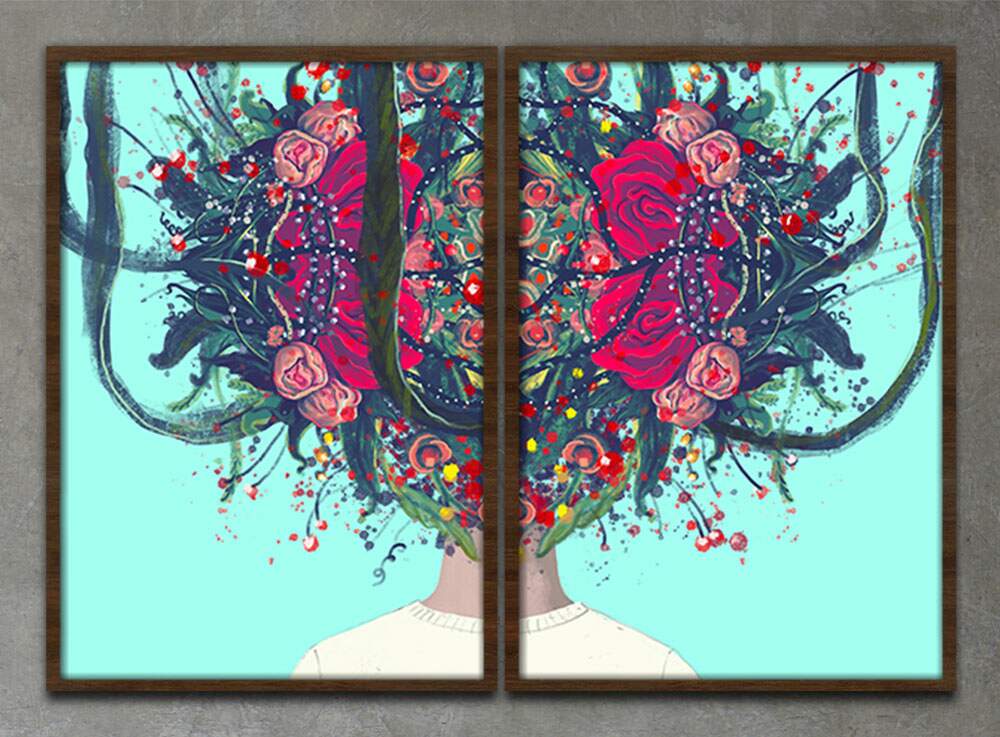 Kit 2 Quadros Decorativos Abstrato Flores Mulher com Cabelo Florido
