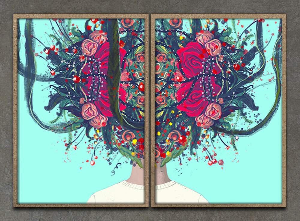 Kit 2 Quadros Decorativos Abstrato Flores Mulher com Cabelo Florido