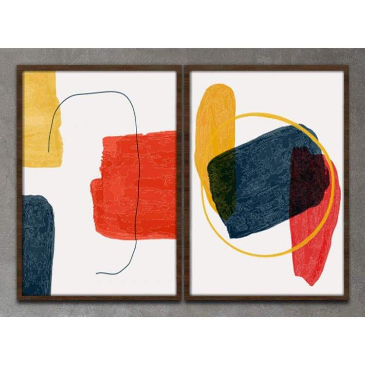 Kit 2 Quadros Decorativos Abstratos Amarelo Azul e Vermelho