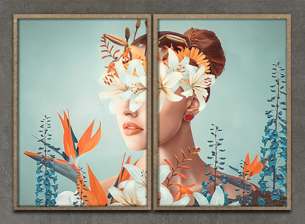 Kit 2 Quadros Decorativos Abstratos Mulher Floral