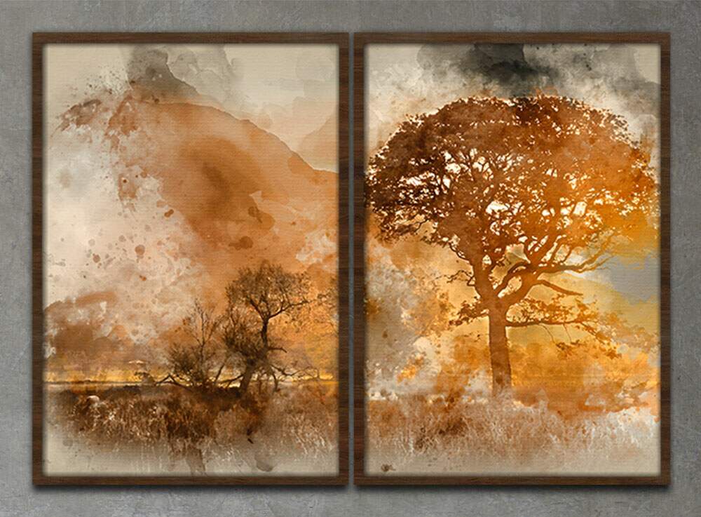 Kit 2 Quadros Decorativos Abstratos Pintura Paisagem com �rvores