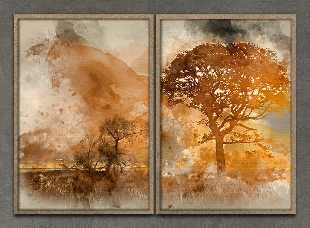 Kit 2 Quadros Decorativos Abstratos Pintura Paisagem com �rvores