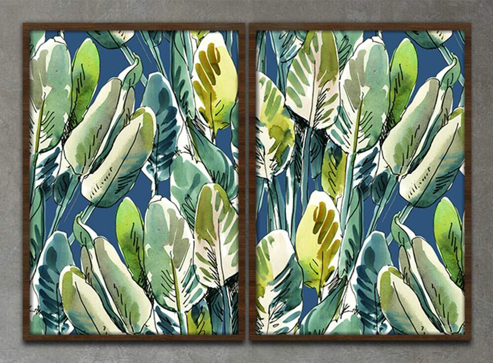 Kit 2 Quadros Decorativos Abstratos Pintura Folhas Tropical