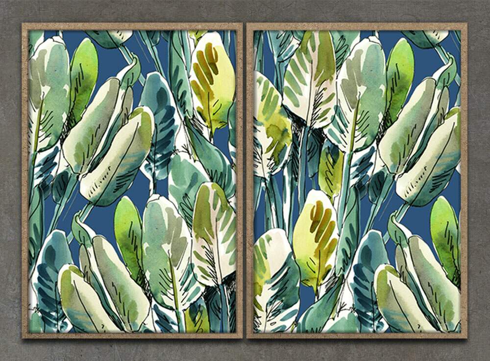 Kit 2 Quadros Decorativos Abstratos Pintura Folhas Tropical