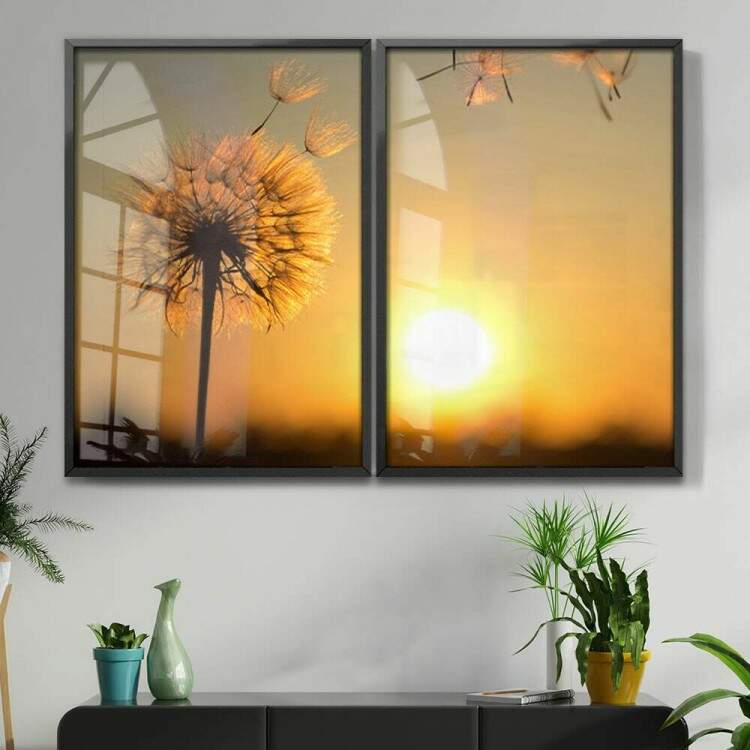 Kit 2 Quadros Decorativos Dente de Leo e Por do Sol