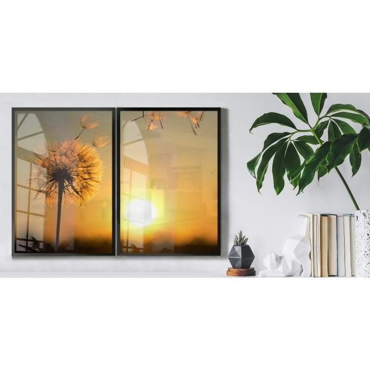 Kit 2 Quadros Decorativos Dente de Leo e Por do Sol