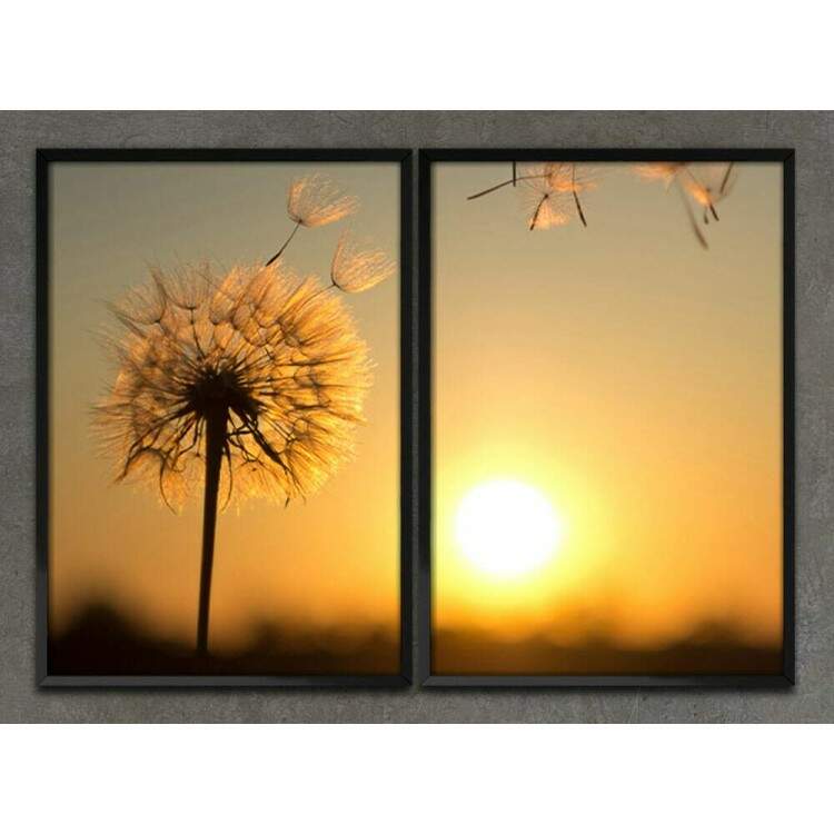 Kit 2 Quadros Decorativos Dente de Leo e Por do Sol