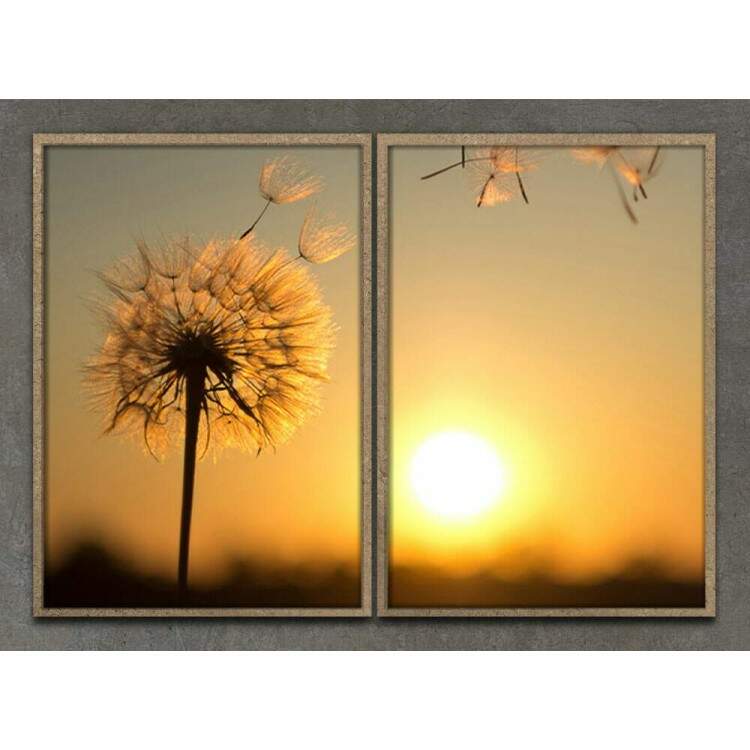 Kit 2 Quadros Decorativos Dente de Leo e Por do Sol