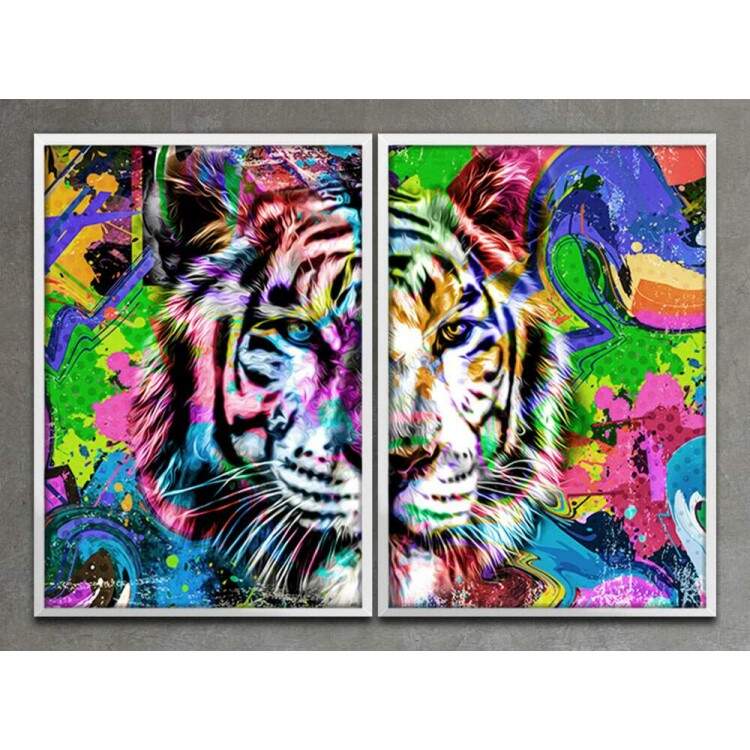 Kit 2 Quadros Decorativos Abstratos Pintura Tigre