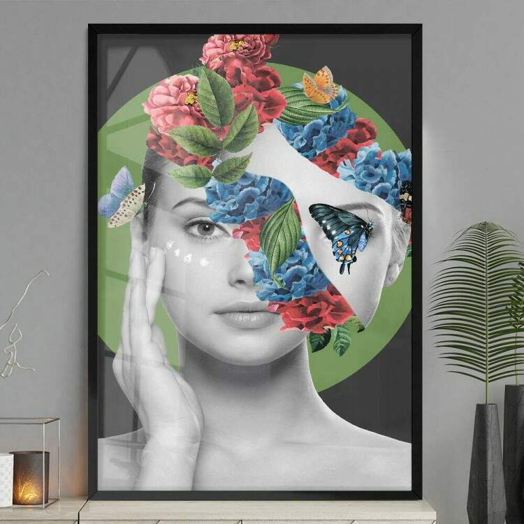 Quadro Decorativo Abstrato Mulher Face com Borboletas