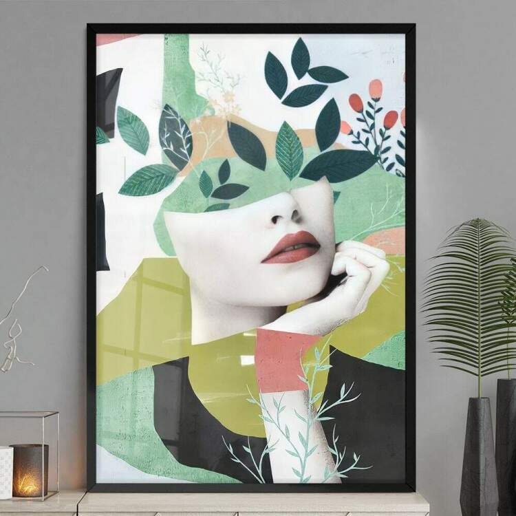 Quadro Decorativo Abstrato Silhueta Mulher e Folhas Verdes