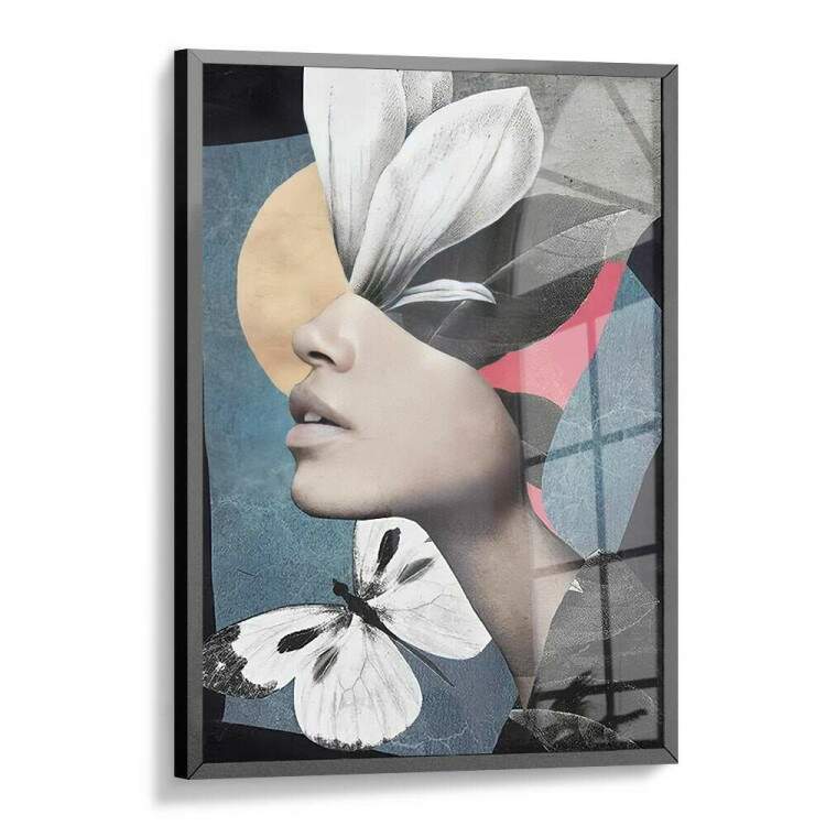 Quadro Decorativo Abstrato Mulher Prefil Flor e Borboleta