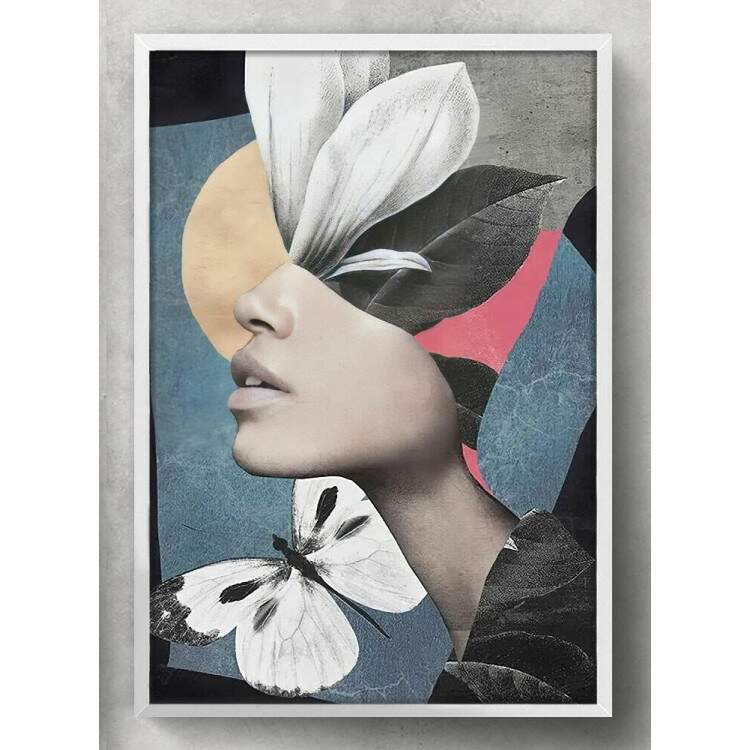 Quadro Decorativo Abstrato Mulher Prefil Flor e Borboleta