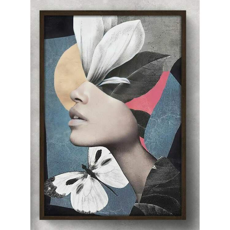 Quadro Decorativo Abstrato Mulher Prefil Flor e Borboleta