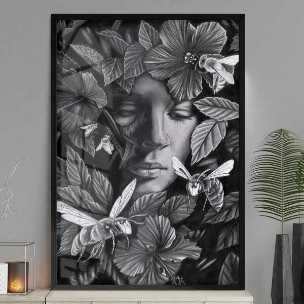 Quadro Decorativo Abstrato Rosto e Folhas Preto e Branco