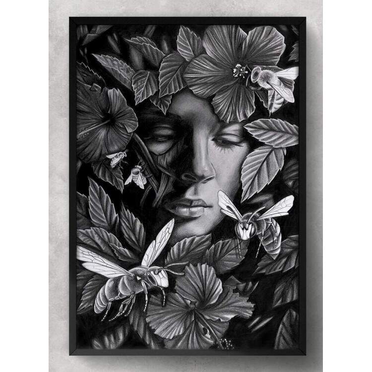 Quadro Decorativo Abstrato Rosto e Folhas Preto e Branco