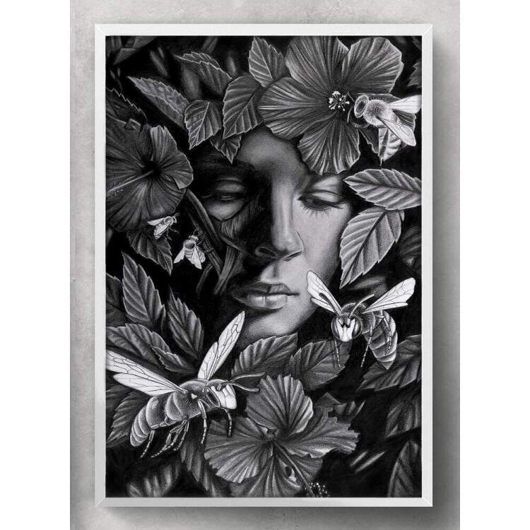 Quadro Decorativo Abstrato Rosto e Folhas Preto e Branco