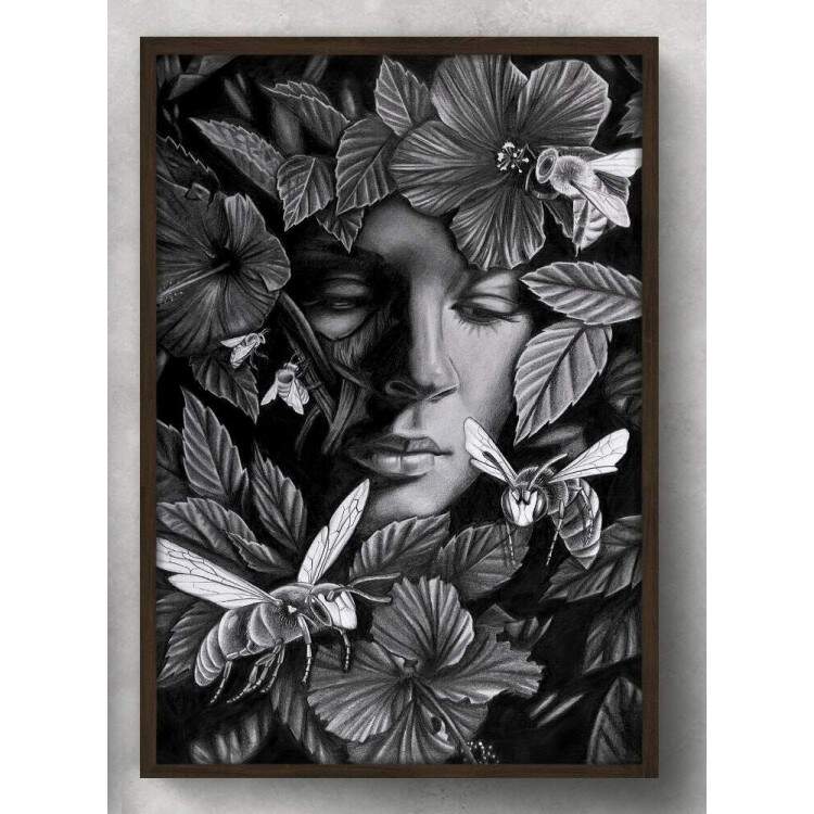 Quadro Decorativo Abstrato Rosto e Folhas Preto e Branco