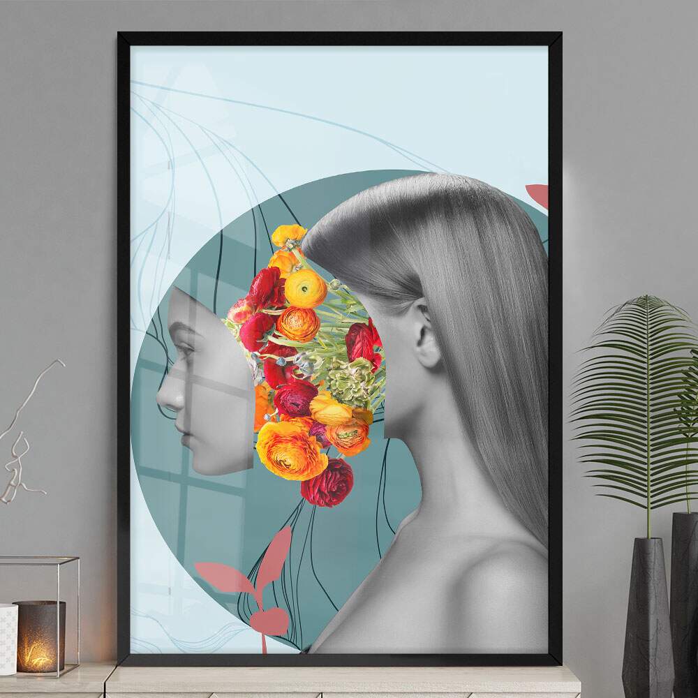 Quadro Decorativo Abstrato Mulher Minimalista com Flores