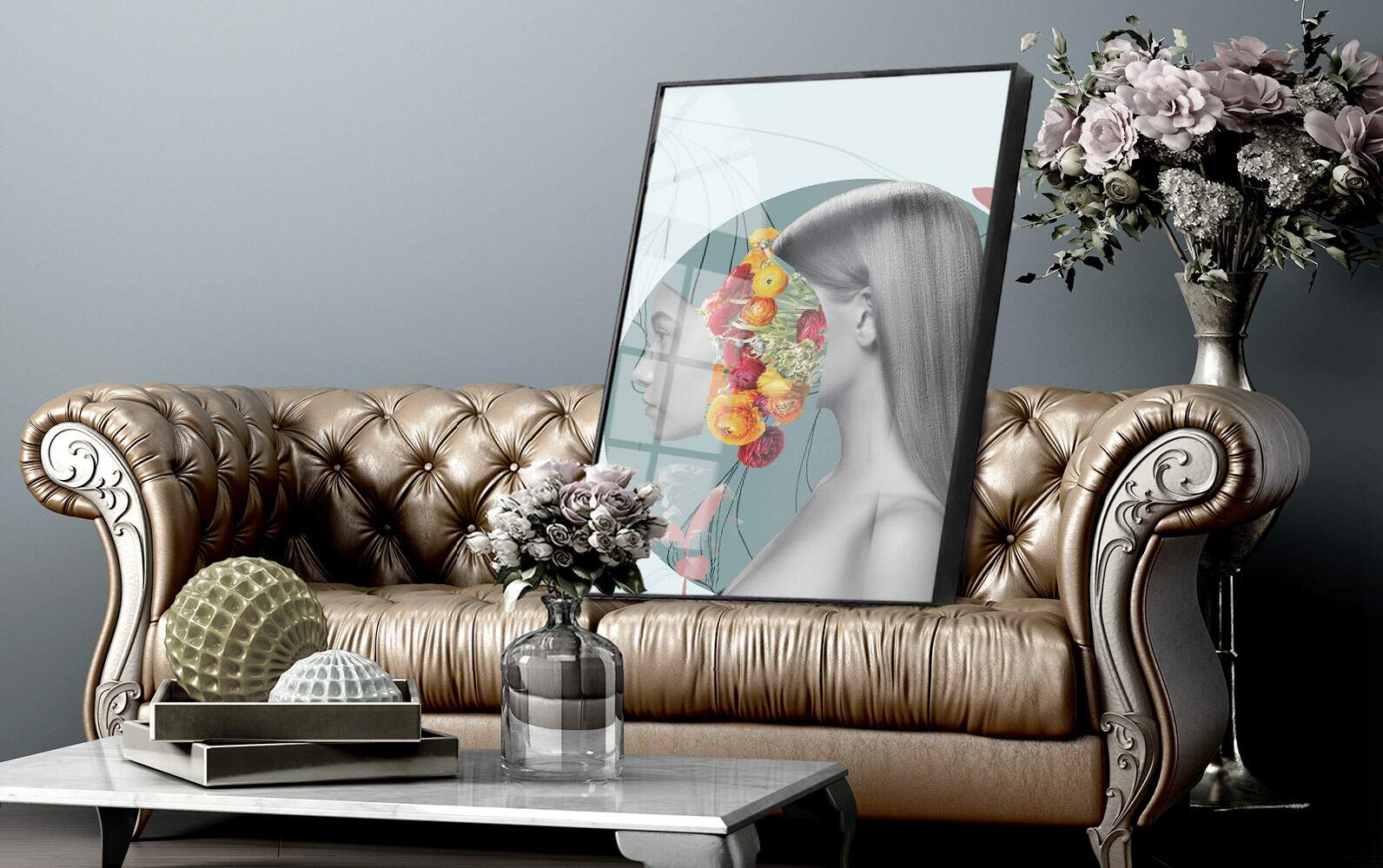 Quadro Decorativo Abstrato Mulher Minimalista com Flores