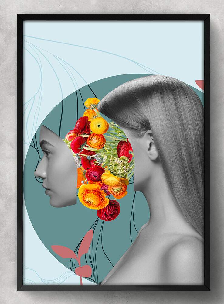 Quadro Decorativo Abstrato Mulher Minimalista com Flores