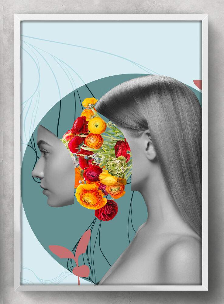 Quadro Decorativo Abstrato Mulher Minimalista com Flores