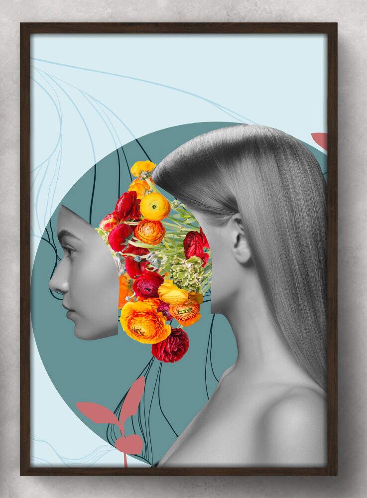 Quadro Decorativo Abstrato Mulher Minimalista com Flores