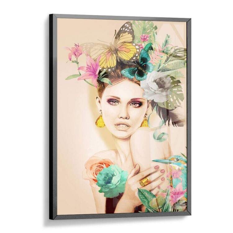 Quadro Decorativo Abstrato Mulher com Flores na Cabea